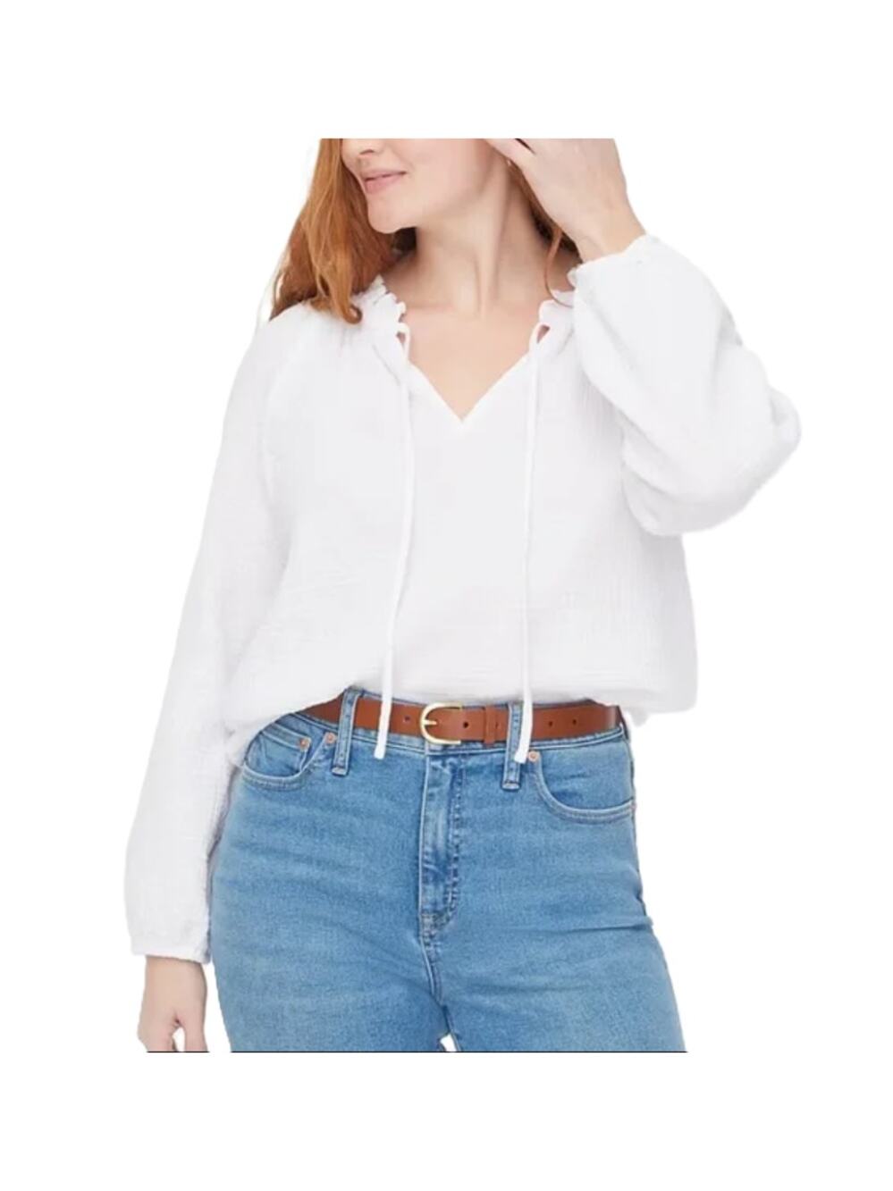 J.Crew Long Sleeve Gauze Tie-neck Top 3X White Ruffle Neck Pullover Elastic Cuff